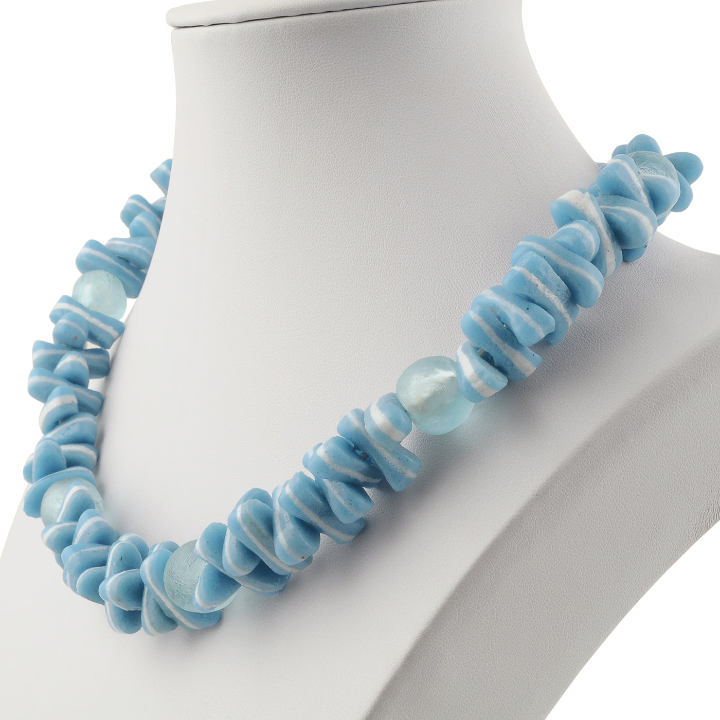 Handmade Blue & White Beaded Glass Necklace - African Trade Beads - close-up