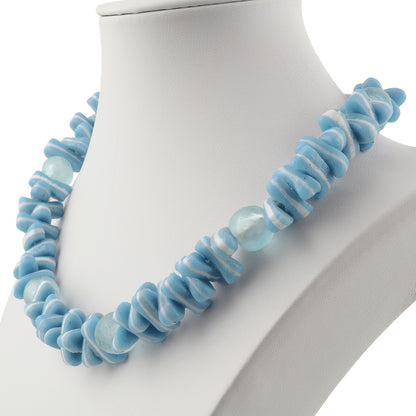 Handmade Blue & White Beaded Glass Necklace - African Trade Beads - close-up