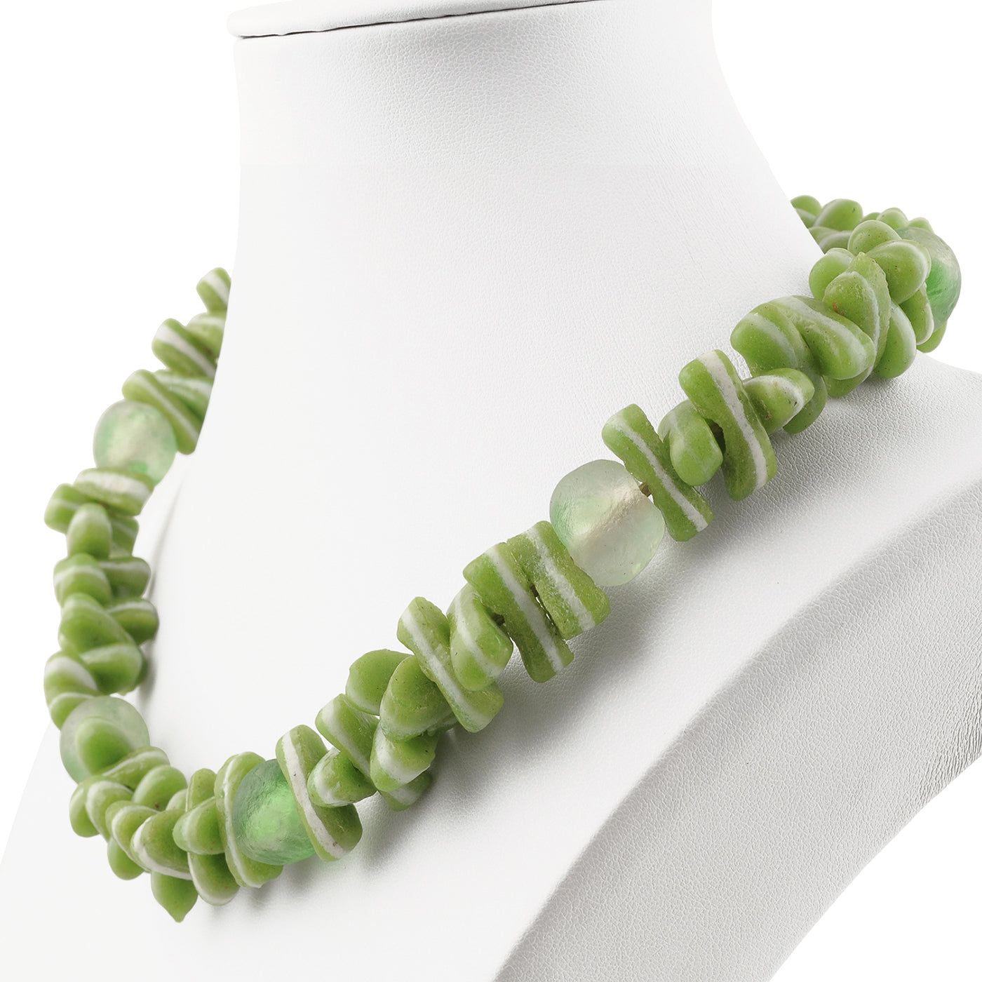 Green African Trade Beads Necklace - Handmade Glass Beaded Necklace - close-up