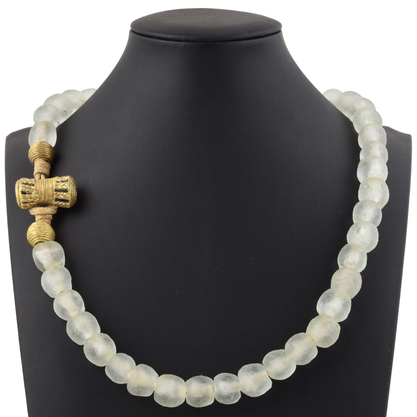 Milky White Beaded Glass Necklace | African Trade Beads & Brass - close-up