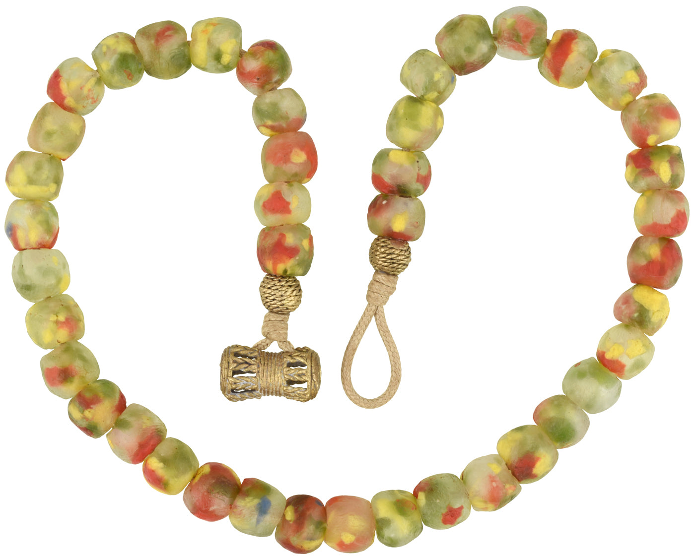Recycled Powder Glass Beads Handmade Krobo Brass Ashanti African Trade Necklace - zoomed-in detail