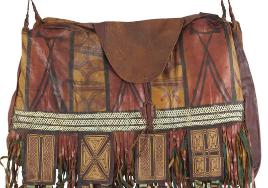 Old African Tuareg Leather Camel Horse Bag From Niger Peul Fulani Sahara Art - angled shot