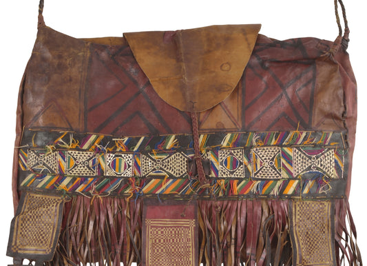 Old African Tuareg Leather Camel Horse Bag From Niger Peul Fulani Sahara Art - closer angle
