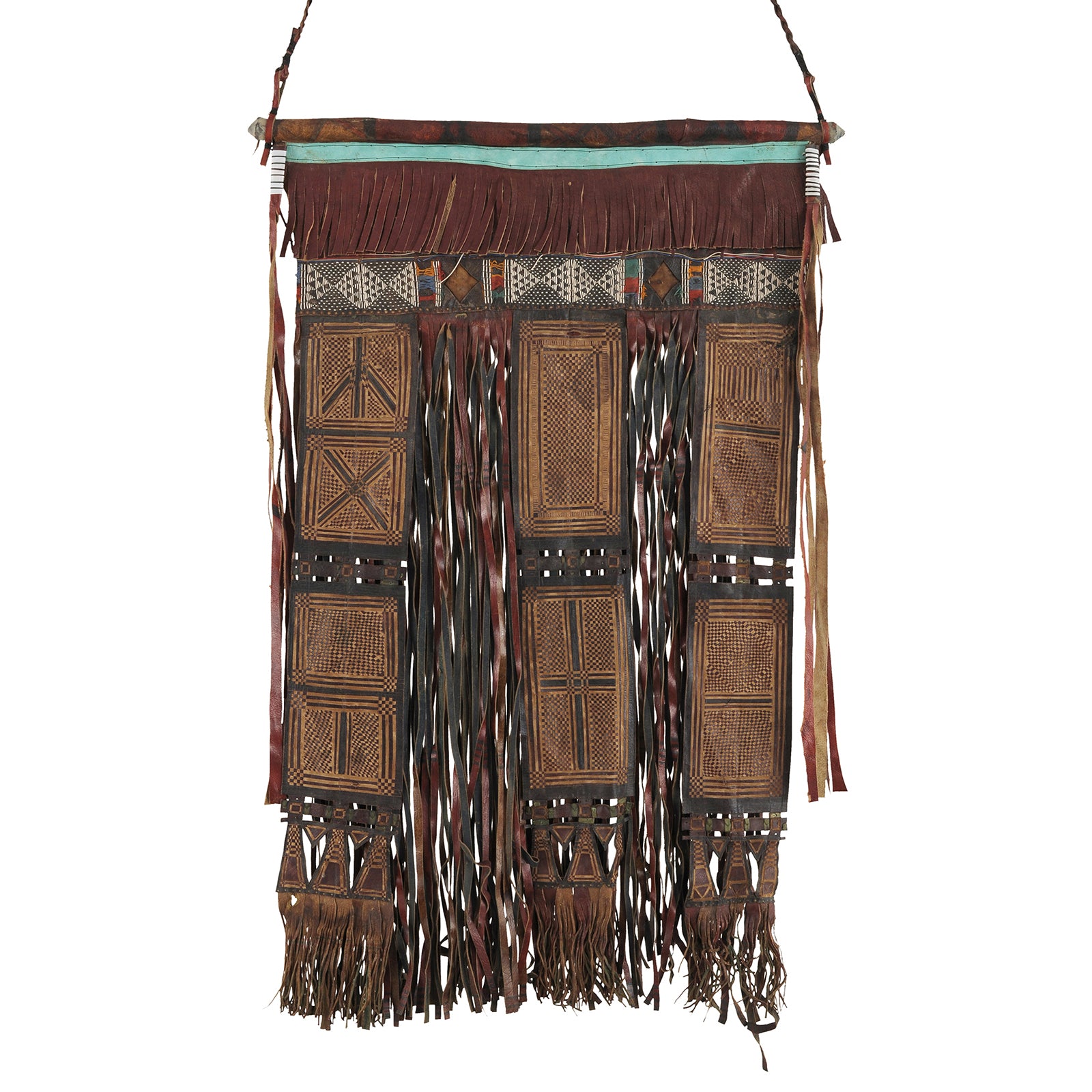 Authentic Tuareg Leather Wall Panel – Sahara Geometric Fringe Art