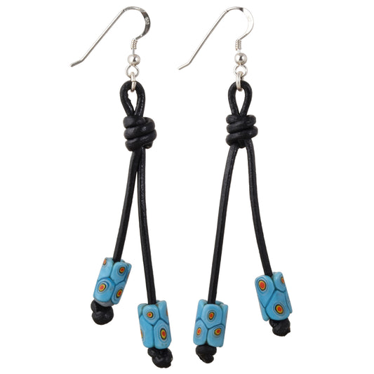 African Trade Beads Antique Millefiori Earrings 925 Sterling Silver Leather Boho