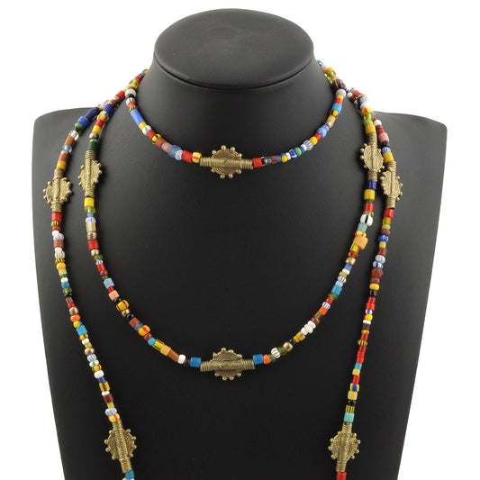 Old Christmas Glass Seed Beads Lariat Necklace African Brass Handmade Jewelry