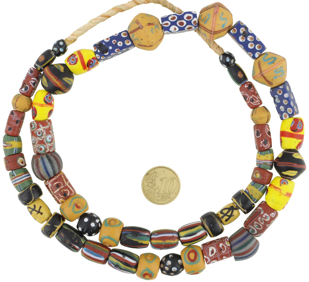 Antique Venetian Glass Trade Beads Strand, Eye, Millefiori & Chevron, 26" - close-up