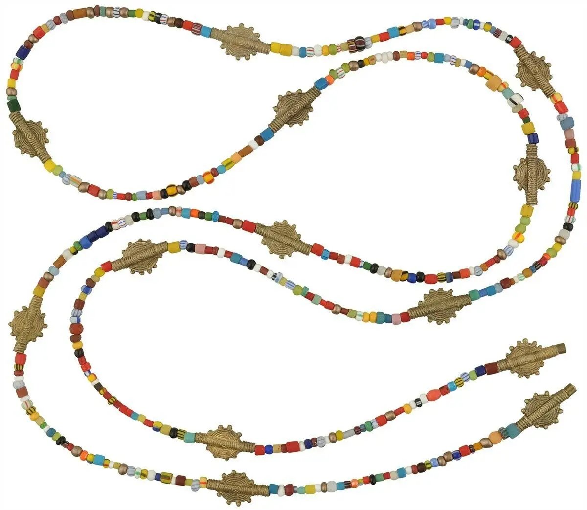 Old Christmas Glass Seed Beads Lariat Necklace African Brass Handmade Jewelry - zoomed-in detail
